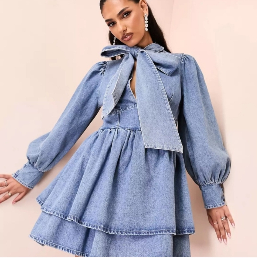 ASOS Blue Denim Ruffled Tiered Sundress with Bishop Sleeves